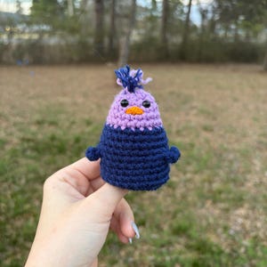 May include: A handmade crochet bird figurine in shades of purple and navy blue. The bird has small black eyes and a yellow beak. The top of the bird's head has a tuft of blue yarn. The bird is held in a hand against a blurred outdoor background.