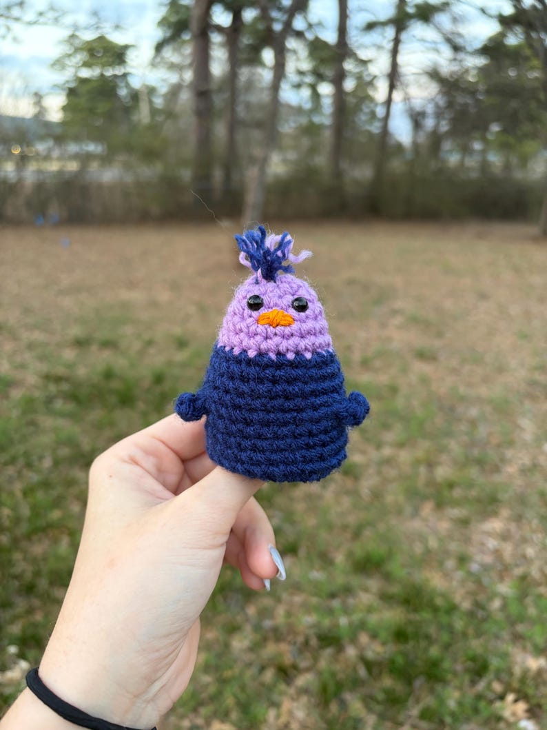 May include: A handmade crochet bird figurine in shades of purple and navy blue. The bird has small black eyes and a yellow beak. The top of the bird's head has a tuft of blue yarn. The bird is held in a hand against a blurred outdoor background.