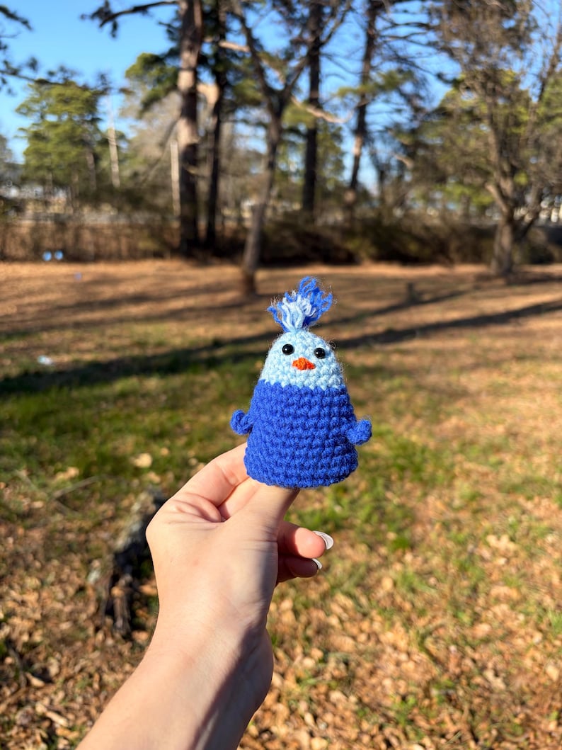 May include: A handmade crochet bird figurine in shades of blue, with a light blue head, a tuft of blue yarn, and small orange beak. The bird has tiny blue wings and is held in a hand against a blurred outdoor background.