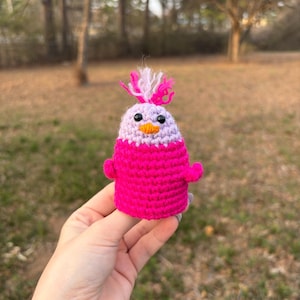 May include: A handmade crochet bird in bright pink, lavender, and white. The bird has small black eyes, an orange beak, and a tuft of pink and white yarn on its head. The bird is held in a hand against a blurred outdoor background.