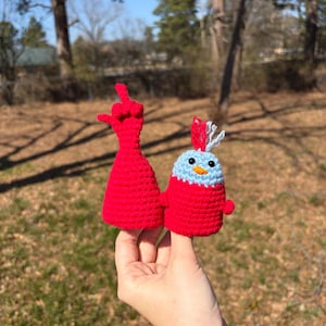 May include: Two handmade crochet figures. One is a red hand with the middle finger raised. The other is a blue and red bird with a yellow beak and white and blue accents. The figures are held up against a blurred outdoor background.