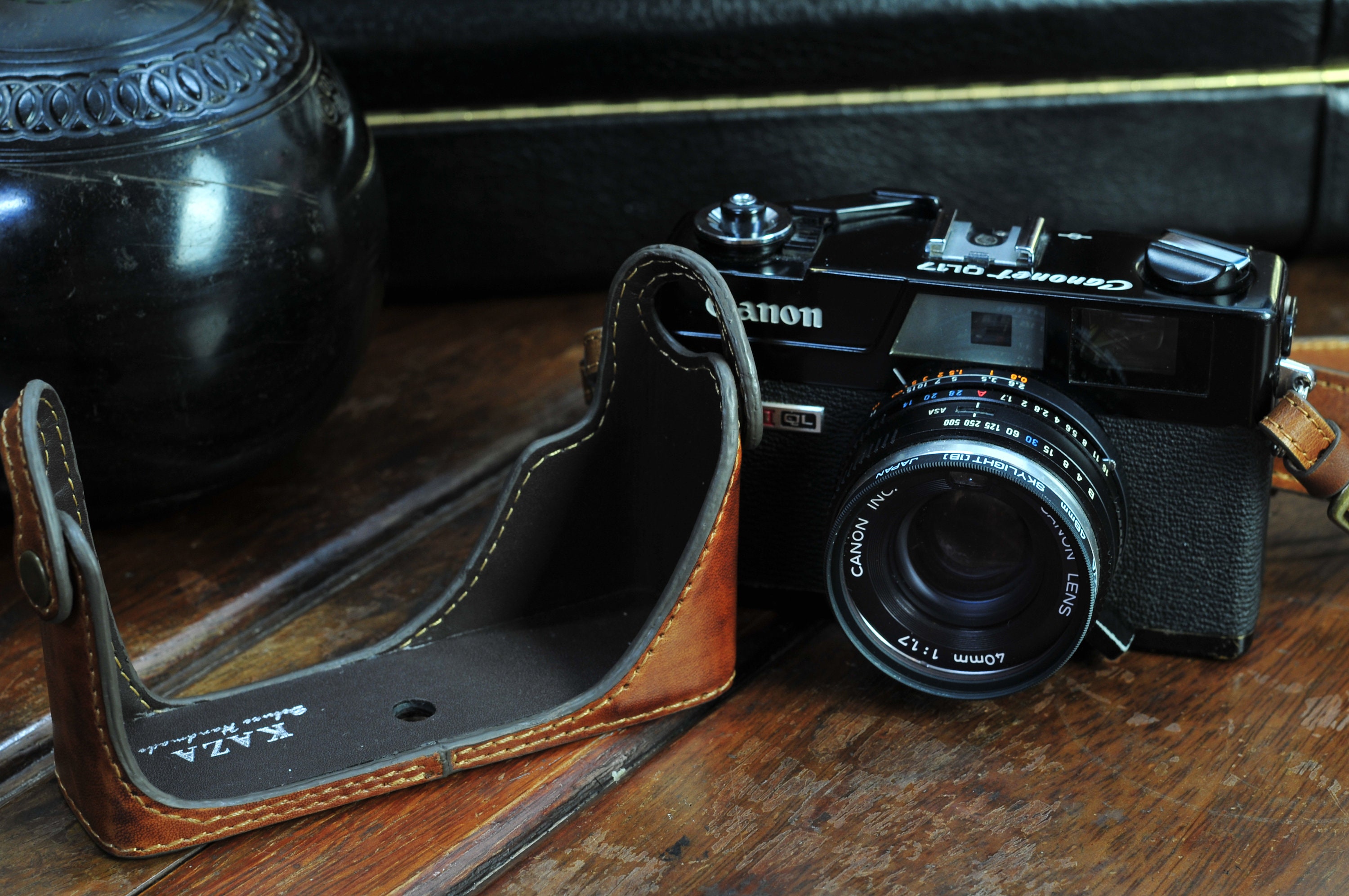 Cow Leather Camera Case With Strap, Vintage Brown for Canonet QL17