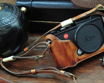 Cow leather case for Leica CL include leather half case and leather strap in vintage brown