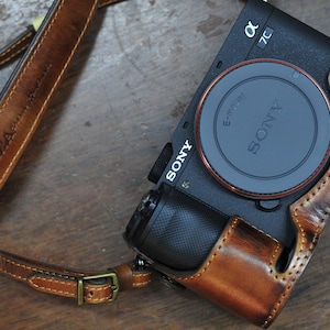 SONY A7C  leather case ,vintage brown or black half case & strap set