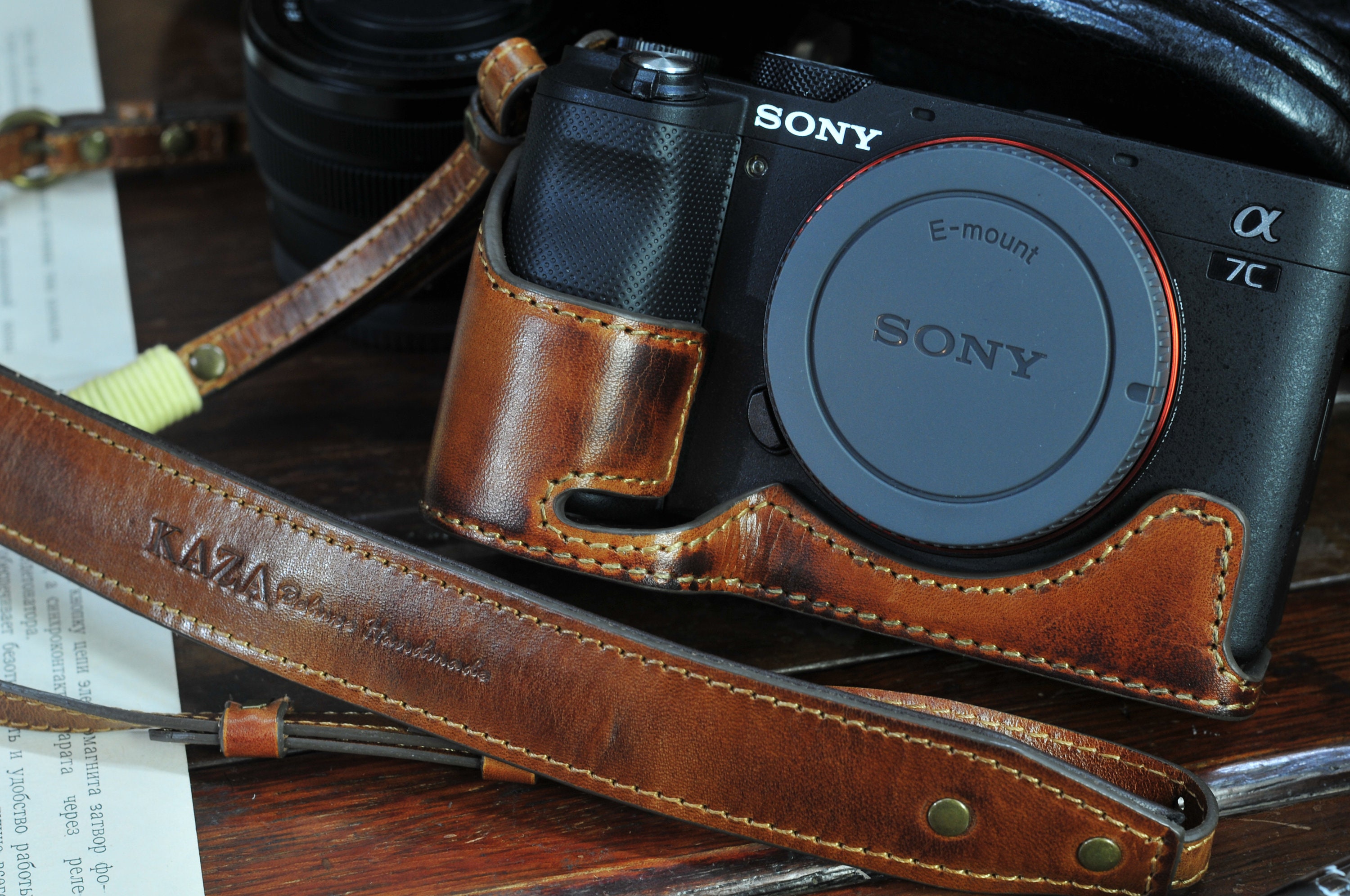 SONY A7C レザーケース、ヴィンテージブラウンまたはブラックハーフ 