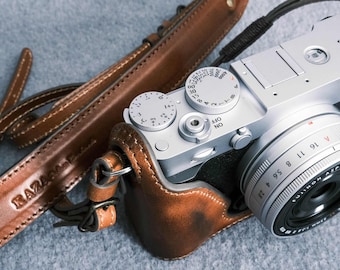 Estojo para câmera Fujifilm XE5 em couro bovino com alça.