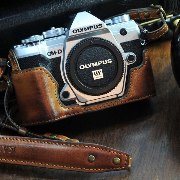 Rindsledertasche für Olympus EM5mark3 e-m5 mkiii inklusive Halbtasche und Lederriemen vintage brown