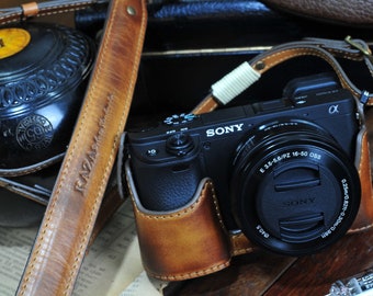 SONY A6400 A6100 Leder halbe Tasche und Riemen im Set