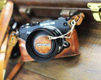 Cow Leather Half Case and Strap for Olympus Pen-f Include Black