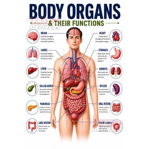Puede incluir: Un póster educativo titulado BODY ORGANS & THEIR FUNCTIONS que muestra una figura humana central con órganos internos ilustrados y etiquetados. Círculos circundantes muestran el cerebro, corazón, pulmones, estómago, hígado, riñones, vesícula biliar, bazo, páncreas, intestino delgado, intestino grueso y vejiga con textos descriptivos.