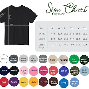 Puede incluir: Camiseta unisex negra con una tabla de tallas y opciones de color. La tabla de tallas muestra las medidas de ancho, largo y largo de manga en cent&iacute;metros. Las opciones de color incluyen blanco, negro, azul marino, rojo y m&aacute;s.