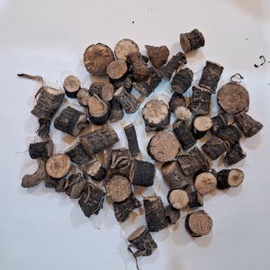 May include: A collection of small, dark brown, and tan pieces of wood, possibly roots or stems, scattered on a white surface. The pieces vary in shape, with some appearing cylindrical and others more irregular.