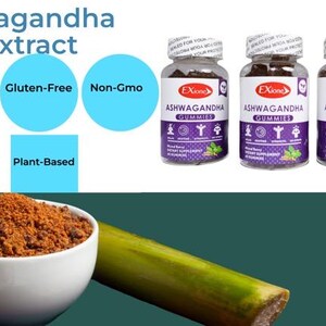 May include: The image shows three bottles of Exione Ashwagandha Gummies, a bowl of brown powder, and a green plant. Text reads "Ashwagandha root extract", "600 mg", "Gluten-Free", "Non-Gmo", and "Plant-Based".