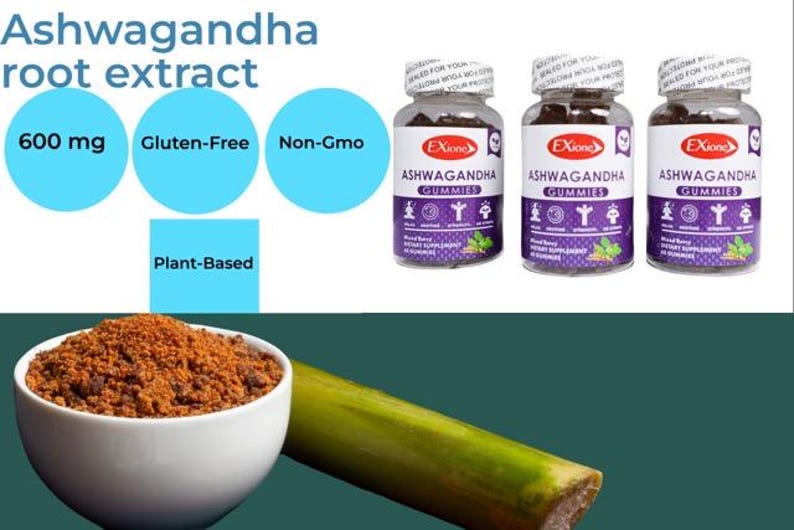 May include: The image shows three bottles of Exione Ashwagandha Gummies, a bowl of brown powder, and a green plant. Text reads "Ashwagandha root extract", "600 mg", "Gluten-Free", "Non-Gmo", and "Plant-Based".