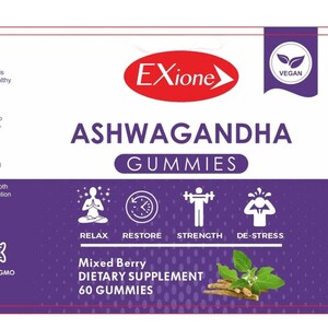 May include: A packet of Exione Ashwagandha Gummies, a dietary supplement. The label displays "Ashwagandha Gummies" and "Mixed Berry" with icons for relaxation, restoration, strength, and de-stress. The product is vegan, gluten-free, and non-GMO.