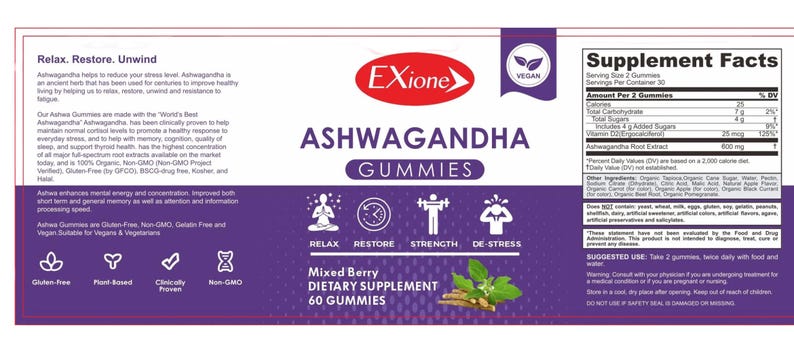 May include: A packet of Exione Ashwagandha Gummies, a dietary supplement. The label displays "Ashwagandha Gummies" and "Mixed Berry" with icons for relaxation, restoration, strength, and de-stress. The product is vegan, gluten-free, and non-GMO.
