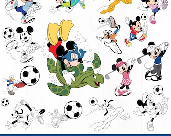 Paquete de fútbol de Mickey y sus amigos, 15 imágenes prediseñadas de fútbol en formato PNG y SVG, diseño de camiseta de cumpleaños, descarga digital.
