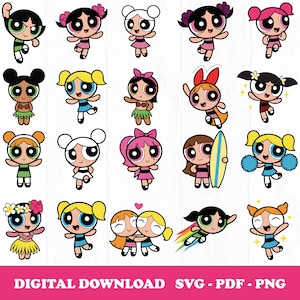 May include: A collection of cartoon illustrations of the Powerpuff Girls in various poses and outfits. The characters are depicted with large eyes, and different hairstyles. The image includes the text "DIGITAL DOWNLOAD SVG - PDF - PNG" in a pink banner.
