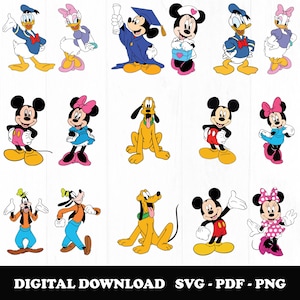 May include: A collection of colorful cartoon character illustrations, including Mickey Mouse, Minnie Mouse, Donald Duck, Daisy Duck, Goofy, and Pluto. Mickey is shown in a graduation cap and gown. The text "DIGITAL DOWNLOAD SVG - PDF - PNG" is at the bottom.