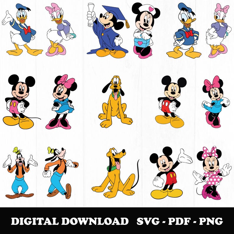 Puede incluir: Ilustraciones de personajes de dibujos animados a color, incluyendo Mickey Mouse, Minnie Mouse, Donald Duck, Daisy Duck, Goofy y Pluto. Mickey aparece con un atuendo de graduaci&oacute;n. El texto "DIGITAL DOWNLOAD SVG - PDF - PNG" est&aacute; en la parte inferior.