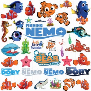 May include: A collection of Finding Nemo and Finding Dory character stickers featuring clownfish, blue tangs, a seahorse, sea turtle, octopus, and starfish. The set includes text logos reading Finding Nemo, The Seas with Nemo & Friends, and Finding Dory.