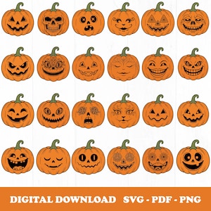 Halloweenpumpa SVG, pumpaansikte, snidning, Jack O'Lantern, PNG, klippfil, paket, clipart, skjorta, Cricut, silhuett, digital nedladdning,