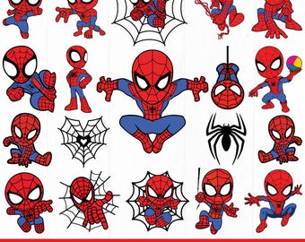 May include: A collection of digital illustrations featuring a cartoon superhero in a red and blue suit with a spider web pattern, shown in various action poses, hanging from webs, and sitting in webs, with the text DIGITAL DOWNLOAD SVG - PDF - PNG.