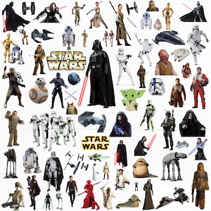 May include: A collection of Star Wars character and vehicle stickers featuring Darth Vader, Luke Skywalker, Rey, Chewbacca, Yoda, Stormtroopers, R2-D2, BB-8, C-3PO, and various starships. The set includes two Star Wars logos in yellow and black.