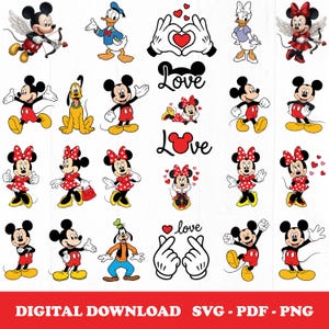 May include: A collection of cartoon character graphics, including Mickey Mouse, Minnie Mouse, Donald Duck, and Goofy. The images feature various poses and expressions, with hearts and the word "Love" incorporated into the designs. The bottom banner reads "DIGITAL DOWNLOAD SVG - PDF - PNG".