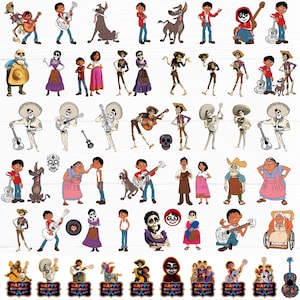 May include: A collection of stickers featuring characters from the movie Coco, including Miguel, Hector, and Dante, alongside various guitars, sugar skulls, and decorative birthday labels with the text Happy Birthday in a colourful graphic style.