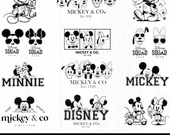 Paquete de imágenes PNG, SVG y PDF de Mickey y Minnie Mouse en blanco y negro para descarga digital.