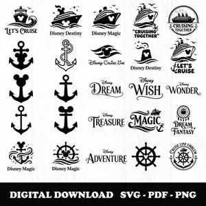May include: A collection of black and white nautical-themed digital designs. The designs include cruise ships, anchors, and ship wheels, with text such as "Let's Cruise", "Disney Destiny", and "Disney Magic". The image is labeled "Digital Download SVG-PDF-PNG".