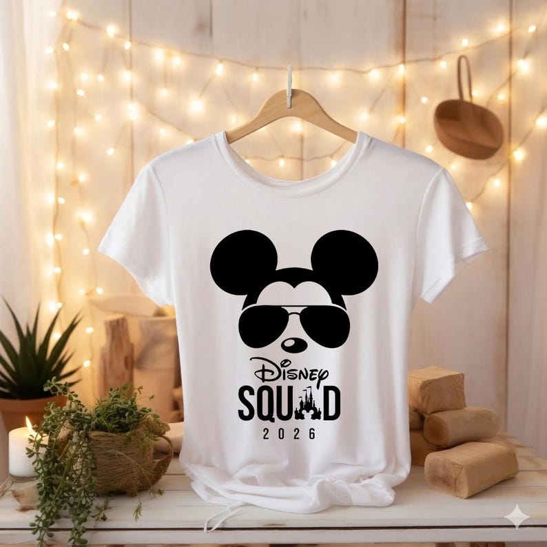 May include: White t-shirt featuring a black graphic of Mickey Mouse wearing sunglasses. The text "Disney Squad 2026" is printed below the graphic. The shirt is hanging on a wooden hanger.