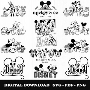 May include: Black and white digital download designs featuring Mickey Mouse, Minnie Mouse, Goofy, Donald Duck, and Daisy Duck. Includes logos with the text "Mickey & Co" and "Disney", along with the words "Digital Download SVG-PDF-PNG".
