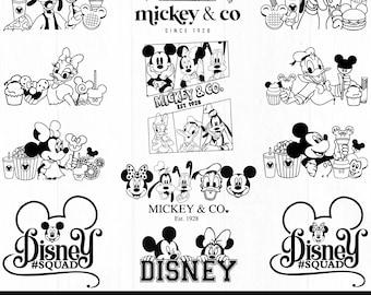 Paquete SVG de Mickey y compañía, imágenes prediseñadas de Mickey Mouse, Minnie Mouse, Goofy, Donald, Daisy y Pluto, PNG de dibujos animados vintage, Disney clásico, descarga digital,