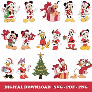 May include: A selection of Christmas-themed Disney character illustrations. Mickey Mouse, Minnie Mouse, Donald Duck, Daisy Duck, and Pluto are shown in Santa Claus outfits, holding gifts, and decorating a Christmas tree. The image includes the text "DIGITAL DOWNLOAD SVG - PDF - PNG."