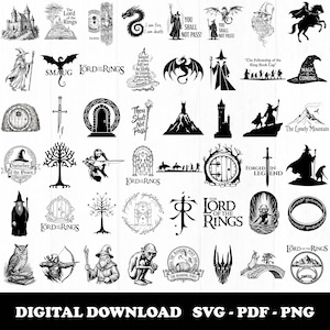 Könnte beinhalten: Eine Sammlung von Schwarz-Weiß-Digitaldownloads mit ikonischen Bildern aus Der Herr der Ringe und Der Hobbit. Enthält Drachen, Zauberer, Karten und Zitate. Der Text "DIGITAL DOWNLOAD SVG - PDF - PNG" befindet sich unten.
