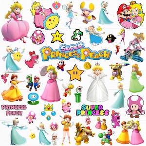 Könnte beinhalten: Eine Sammlung bunter Vinyl-Aufkleber mit Princess Peach, Rosalina, Daisy, Toad, Mario, Luigi, Bowser und verschiedenen Spielsymbolen. Der Text Super Princess Peach und Super Princess erscheint in fetter, mehrfarbiger, stilisierter Schrift.