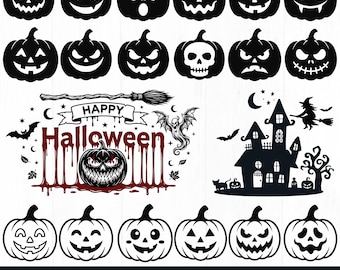 Paquete de archivos SVG de calabazas de Halloween, imágenes prediseñadas de caras de calabaza, archivos SVG de calabazas talladas, archivos de corte para tallar calabazas, imágenes PNG de camisetas de Halloween, descarga digital,