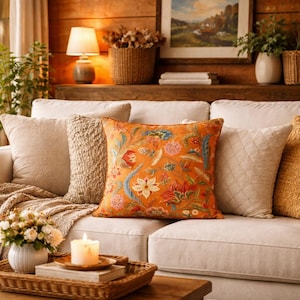 Orange Floral Decorative Pillow – Vintage Botanical Cushion – Elegant Classic Flower Accent Pillow for Living Room & Bedroom Decor