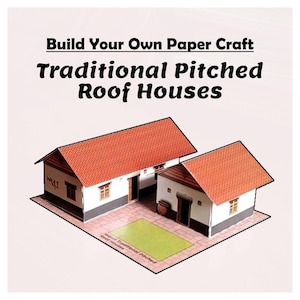 Può includere: Un kit di carta per costruire case tradizionali con tetti a capanna. Le case hanno tetti di tegole rosse, pareti bianche e piccole finestre. Il testo recita "Build Your Own Paper Craft Traditional Pitched Roof Houses."