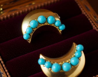 Boucles d'oreilles clip croissant turquoise, manchettes d'oreille plaquées or de style vintage, bijoux d'oreille non percés pour femme