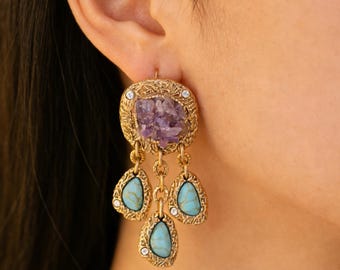 Boucles d'oreilles pendantes artisanales en améthyste naturelle et turquoise des années 1960 en ruban d'or 18 carats, bijoux italiens rétro Florence, cadeau pour elle