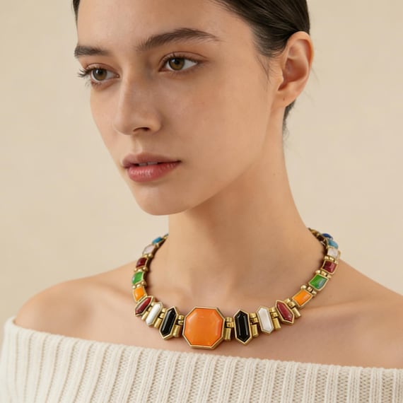 Vintage Statement Choker Necklace, Colorful Gemstone Collar, Retro Natural Stone Jewelry, Adjustable Boho Necklace for Women