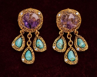 Boucles d'oreilles en améthyste naturelle des années 1960 faites main, boucles d'oreilles pendantes turquoise, argent plaqué or 18 carats, bijoux italiens, boucles d'oreilles de style vintage