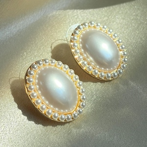 Double Pearl Oval Stud Earrings, Gold Frame Pearl Earrings, Vintage Bridal Jewelry, Classic Statement Studs, Gift for Bride