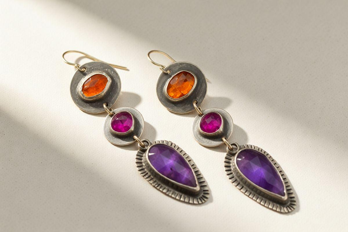 Boucles D'Oreilles Goutte Pendantes Violet Émaillées - Fait Main En France - Neuf