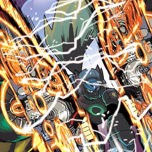 May include: Comic book illustration of a futuristic armored figure in a dynamic pose, surrounded by orange and white energy bursts. The figure is clad in dark armor with a glowing green circle on the chest.