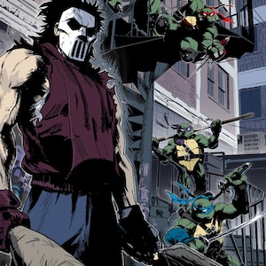 Puede incluir: Ilustración de cómic con las Tortugas Ninja en acción. La imagen muestra a las tortugas en sus colores característicos, luchando contra un villano enmascarado en un entorno urbano. El estilo artístico es dinámico y lleno de acción.