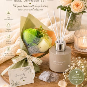 May include: A home fragrance reed diffuser set featuring a beige cylindrical bottle with four white reeds, a small bouquet of green and cream artificial roses wrapped in olive paper with a ribbon, and a card labeled Especially for you.